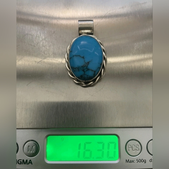 Taxco Turquoise & 925 Sterling Pendant. Mexican Silver Vintage 16.30G Signed. - Picture 2 of 4